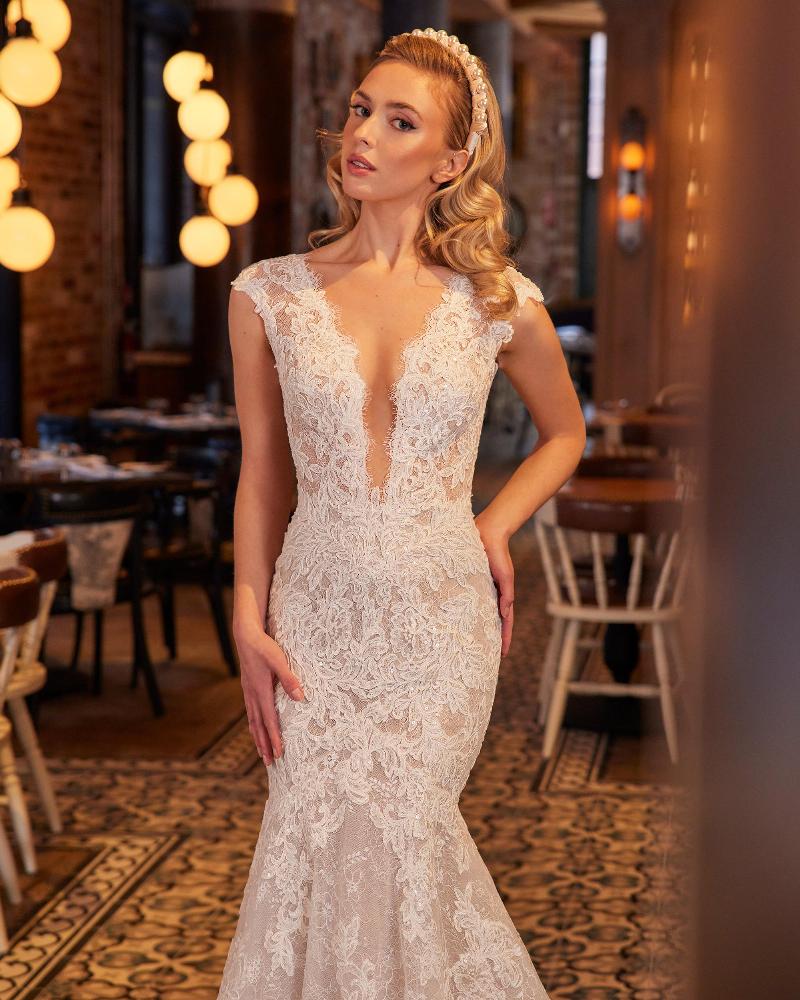 La22234 lace cap sleeve wedding dress with mermaid silhouette and plunging neckline3